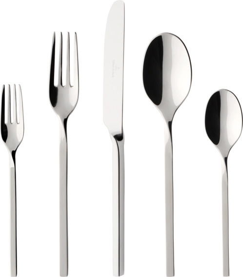 Set aus glänzendem Edelstahlbesteck, bestehend aus Gabel, Messer, Esslöffel, Teelöffel und Kuchengabel, frontal abgebildet.