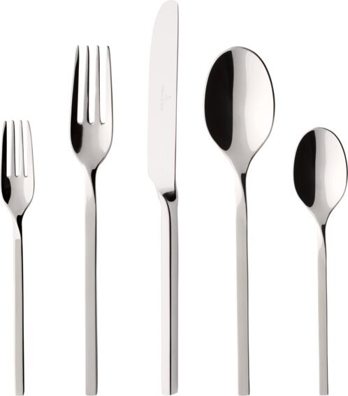 Villeroy & Boch Tafelbesteck 30tlg. NEW WAVE Set aus glänzendem Edelstahlbesteck, bestehend aus Gabel, Messer, Esslöffel, Teelöffel und Kuchengabel, frontal abgebildet.