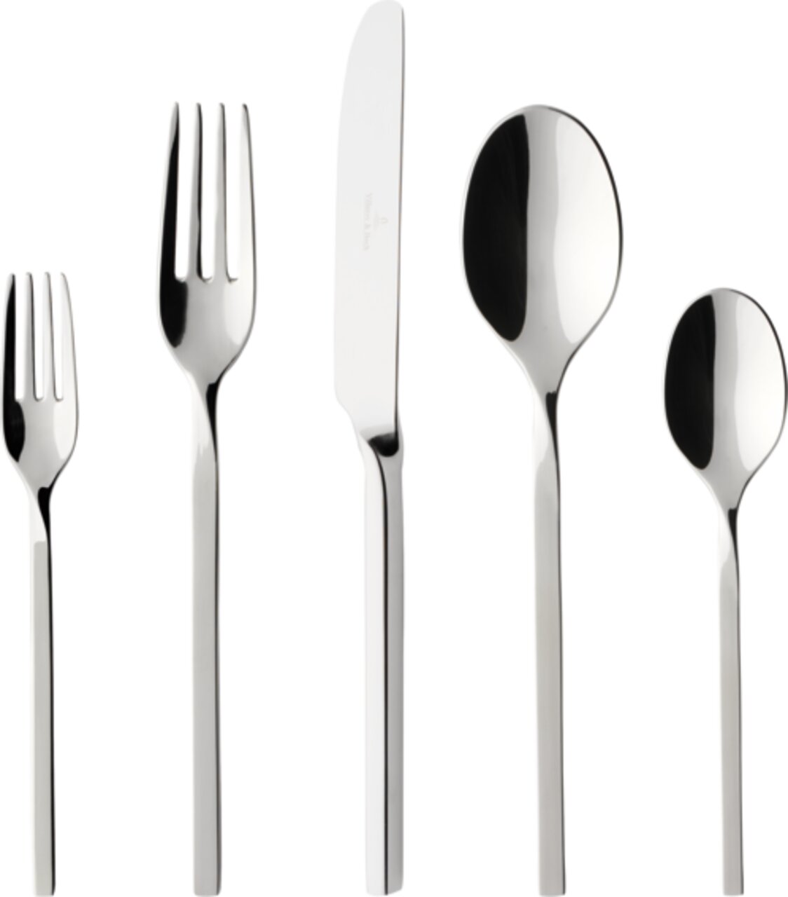 Set aus glänzendem Edelstahlbesteck, bestehend aus Gabel, Messer, Esslöffel, Teelöffel und Kuchengabel, frontal abgebildet.