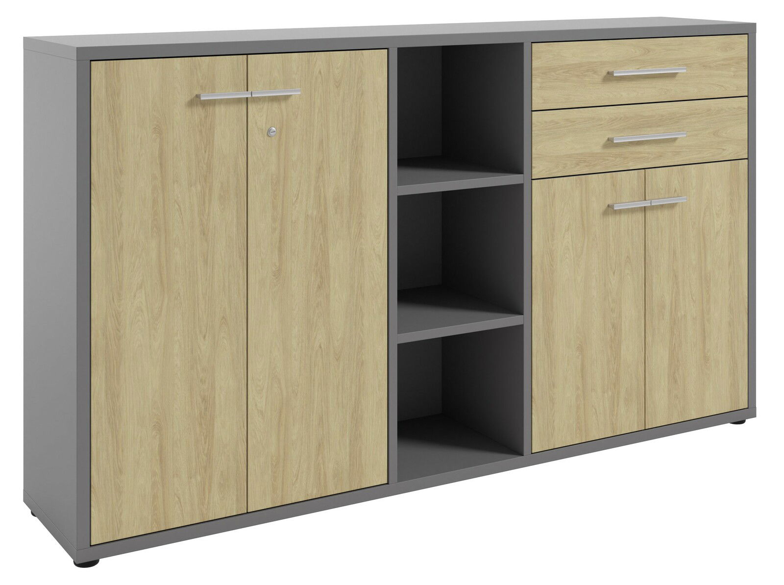 Moderner Aktenschrank mit Holzoptik und grauem Rahmen, Frontansicht