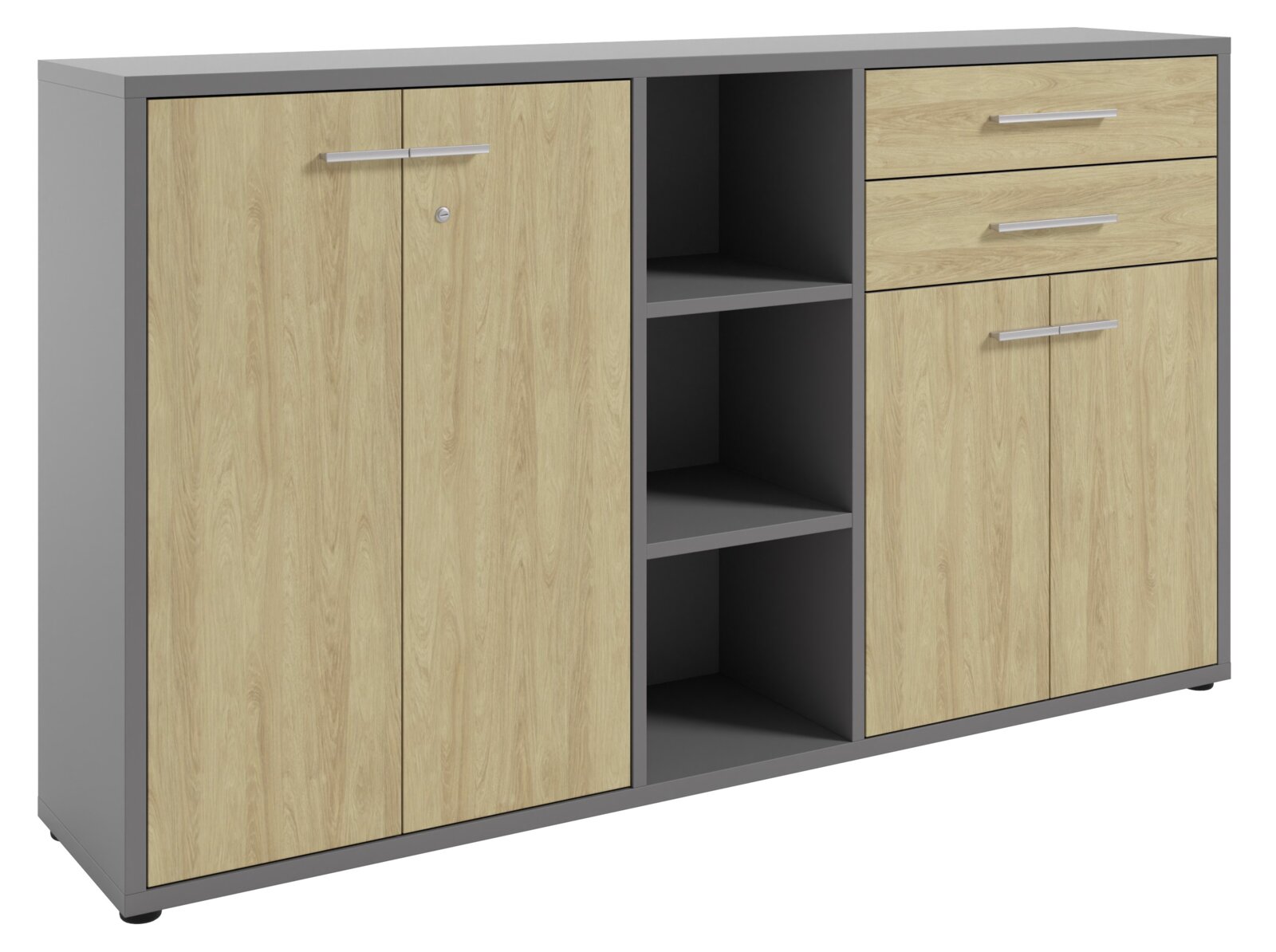 Moderner Aktenschrank mit Holzoptik und grauem Rahmen, Frontansicht