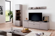 Modernes Wohnzimmer mit grauem TV-Lowboard und Flachbildfernseher, passendem Wandregal sowie hoher Vitrine mit Glasfront; frontale Perspektive auf die Möbelwand.