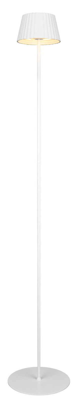 Weiße Akku-Stehleuchte SUAREZ mit geriffeltem Lampenschirm, frontal abgebildet.