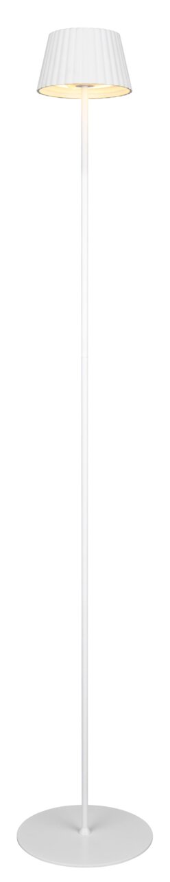 Weiße Akku-Stehleuchte SUAREZ mit geriffeltem Lampenschirm, frontal abgebildet.