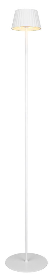 Weiße Akku-Stehleuchte SUAREZ mit geriffeltem Lampenschirm, frontal abgebildet.