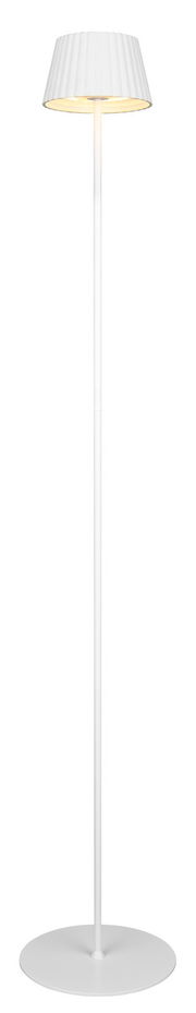 Weiße Akku-Stehleuchte SUAREZ mit geriffeltem Lampenschirm, frontal abgebildet.