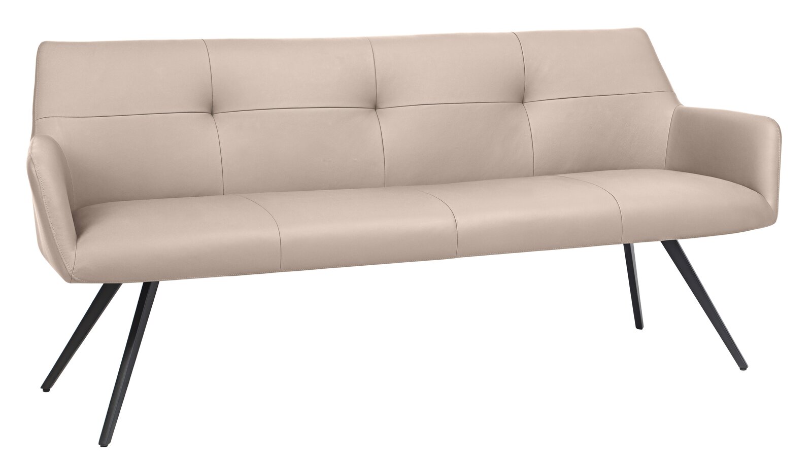Beige Bank mit gepolsterter Rückenlehne und Sitzfläche, schräg von vorne fotografiert, mit schwarzen Metallbeinen.