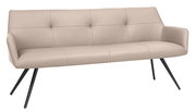 Beige Bank mit gepolsterter Rückenlehne und Sitzfläche, schräg von vorne fotografiert, mit schwarzen Metallbeinen.