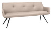 Beige Bank mit gepolsterter Rückenlehne und Sitzfläche, schräg von vorne fotografiert, mit schwarzen Metallbeinen.