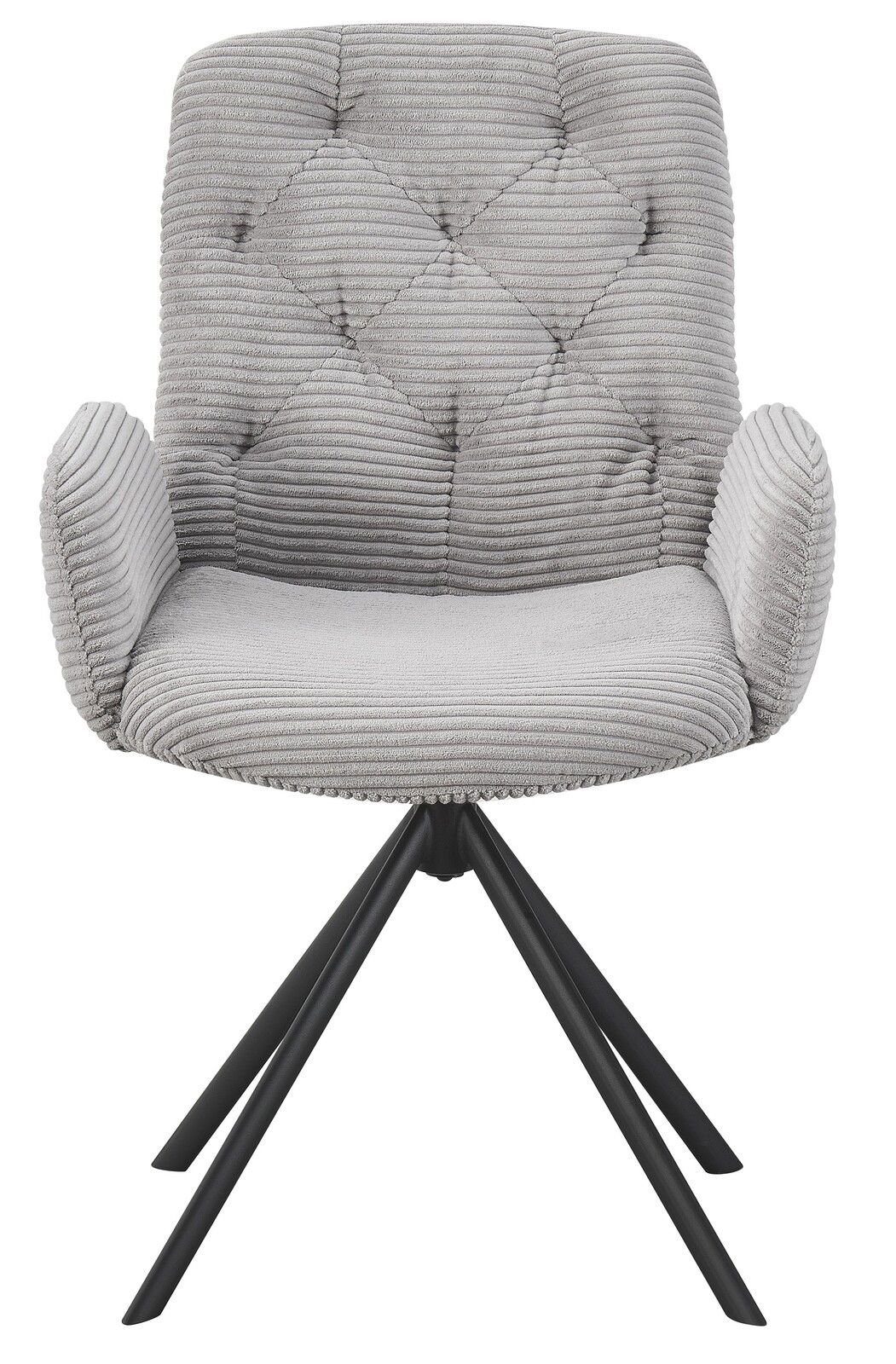 Grauer Armlehnstuhl mit gestepptem Stoffbezug und schwarzem Metallgestell, Frontalansicht