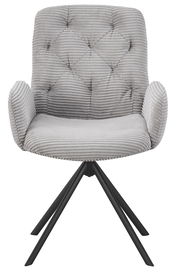 Grauer Armlehnstuhl mit gestepptem Stoffbezug und schwarzem Metallgestell, Frontalansicht