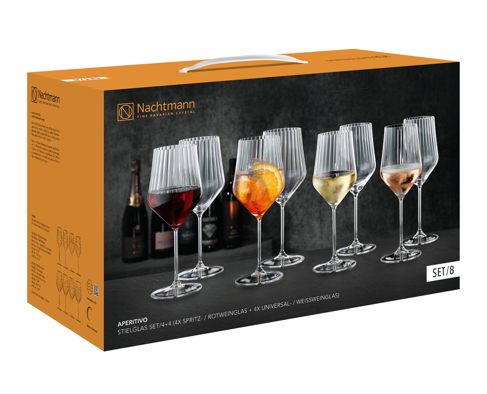 Nachtmann Aperitivo Stielglas-Set (8-teilig) in orange-schwarzer Geschenkverpackung mit Abbildung von Kristallgläsern für Spritz, Rotwein und Weißwein, perspektivische Ansicht schräg von vorn