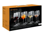 Nachtmann Aperitivo Stielglas-Set (8-teilig) in orange-schwarzer Geschenkverpackung mit Abbildung von Kristallgläsern für Spritz, Rotwein und Weißwein, perspektivische Ansicht schräg von vorn