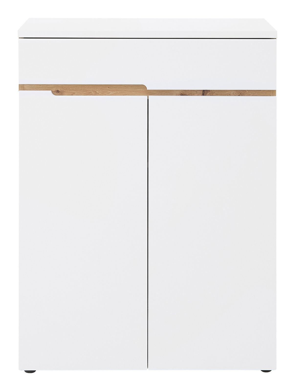 Moderner weißer Schuhschrank mit Holzdekorleiste, Frontalansicht