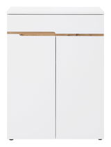 Moderner weißer Schuhschrank mit Holzdekorleiste, Frontalansicht