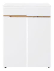 Moderner weißer Schuhschrank mit Holzdekorleiste, Frontalansicht