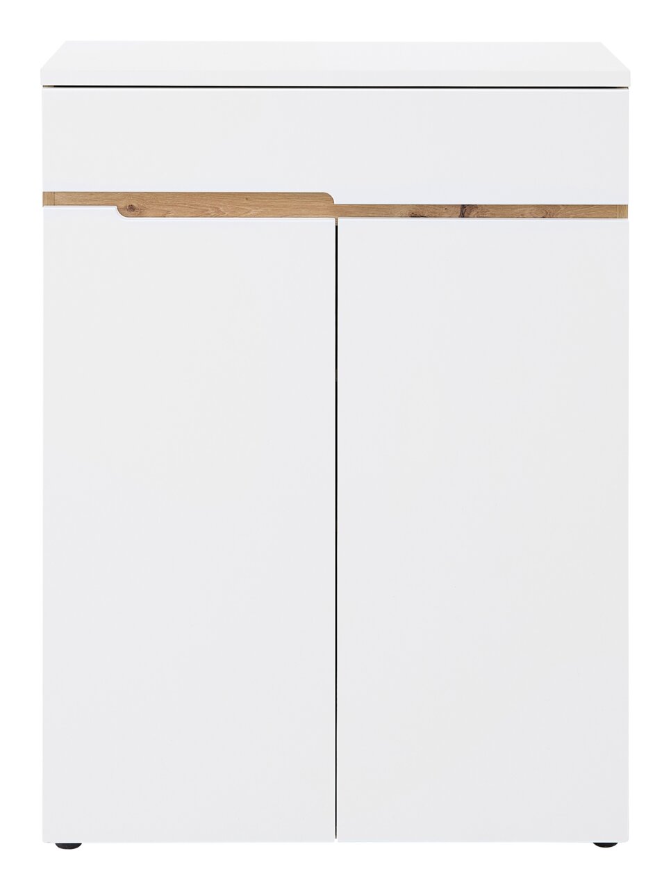 Moderner weißer Schuhschrank mit Holzdekorleiste, Frontalansicht
