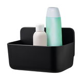 Schwarzer Duschkorb von tesa Lavaa mit zwei Flaschen, seitliche Perspektive