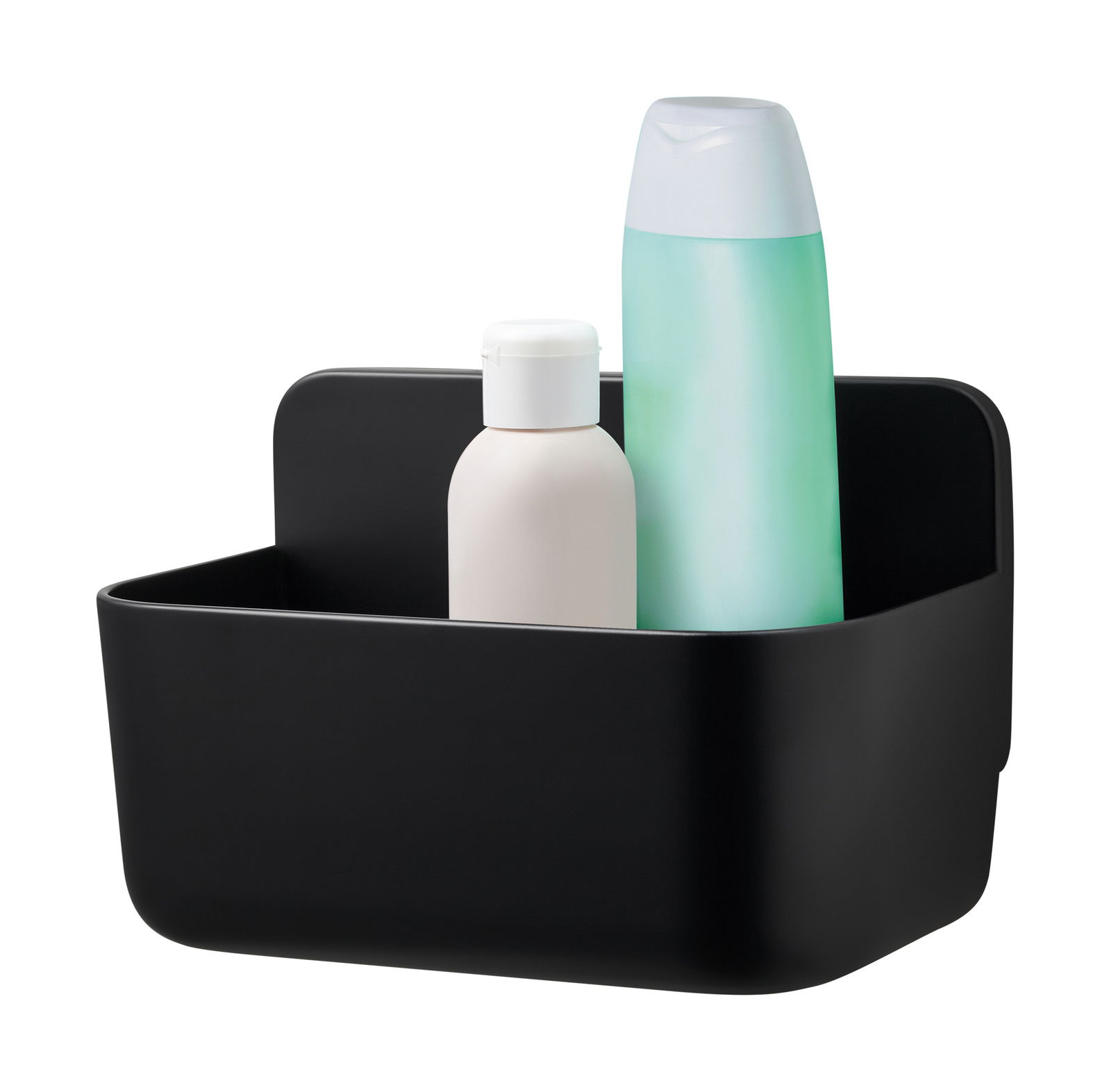 Schwarzer Duschkorb von tesa Lavaa mit zwei Flaschen, seitliche Perspektive
