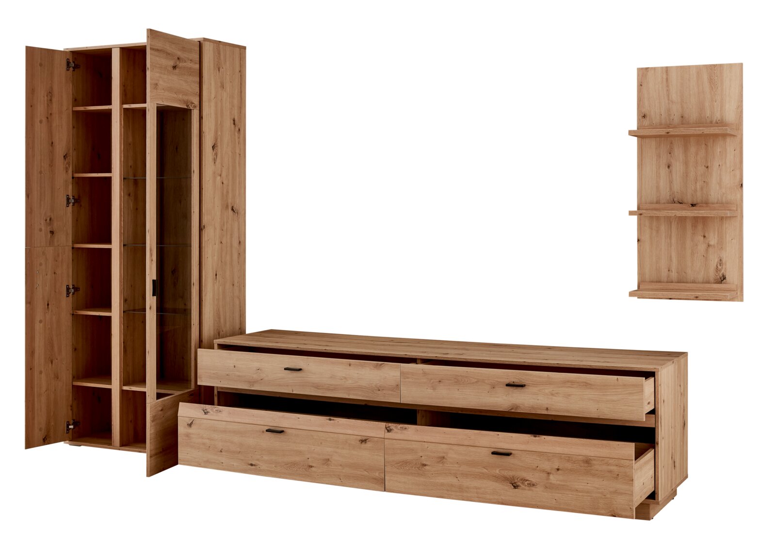 Wandkombination aus Holz mit Schränken und Regalen, Frontansicht
