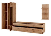 Houten wandmeubel met kasten en planken, vooraanzicht