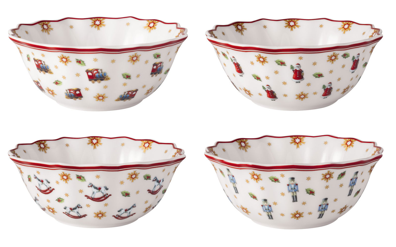 Vier weiße Schalen mit weihnachtlichen Motiven wie Spielzeugzug, Weihnachtsmann, Schaukelpferd und Nussknacker, aus einer leicht erhöhten Perspektive fotografiert.