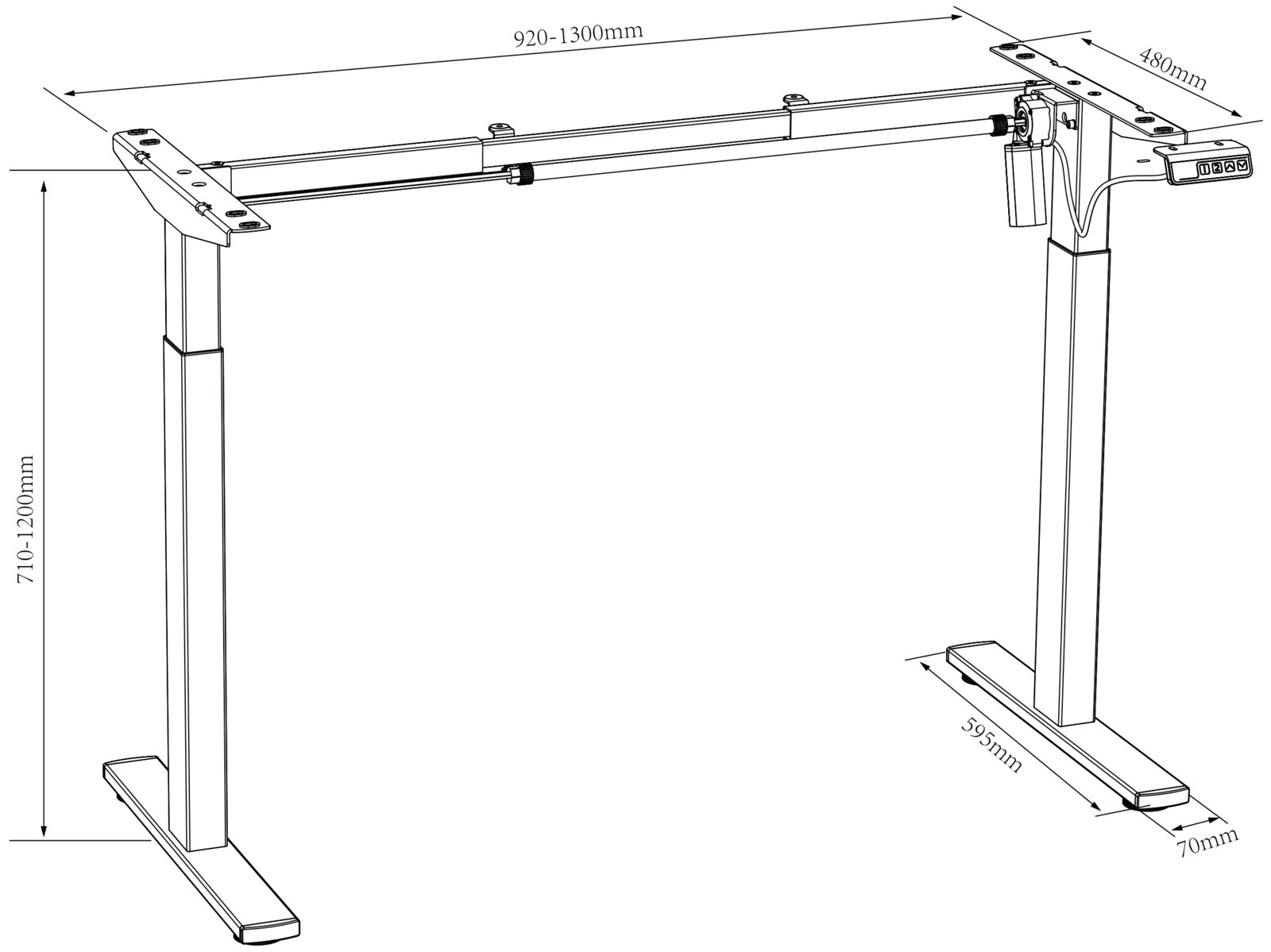 Technische Strichzeichnung eines elektrisch höhenverstellbaren Tischgestells mit zwei Teleskopbeinen, Quertraverse und Bedienpanel, mit Maßangaben (Höhe 710–1200 mm, Breite 920–1300 mm, Tiefe 480 mm, Fußlänge 595 mm), dargestellt in schräger Vorderansicht