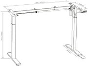 Technische Strichzeichnung eines elektrisch höhenverstellbaren Tischgestells mit zwei Teleskopbeinen, Quertraverse und Bedienpanel, mit Maßangaben (Höhe 710–1200 mm, Breite 920–1300 mm, Tiefe 480 mm, Fußlänge 595 mm), dargestellt in schräger Vorderansicht