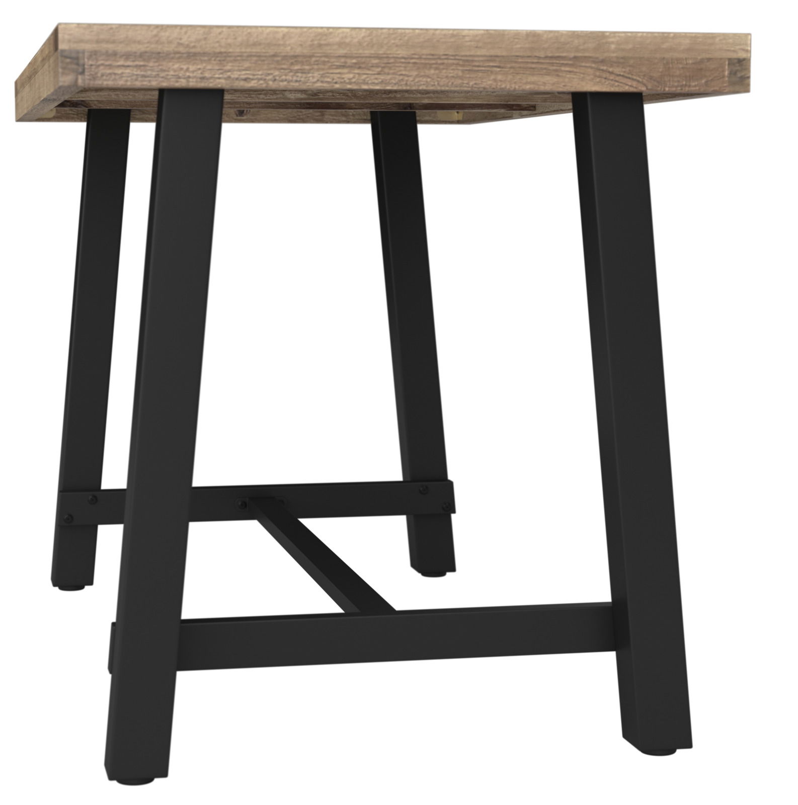 Moderner Gartentisch mit Holzplatte und schwarzen Metallbeinen, seitliche Perspektive