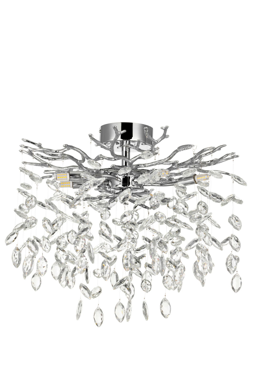 Moderne Deckenleuchte mit Kristallanhängern, seitliche Perspektive