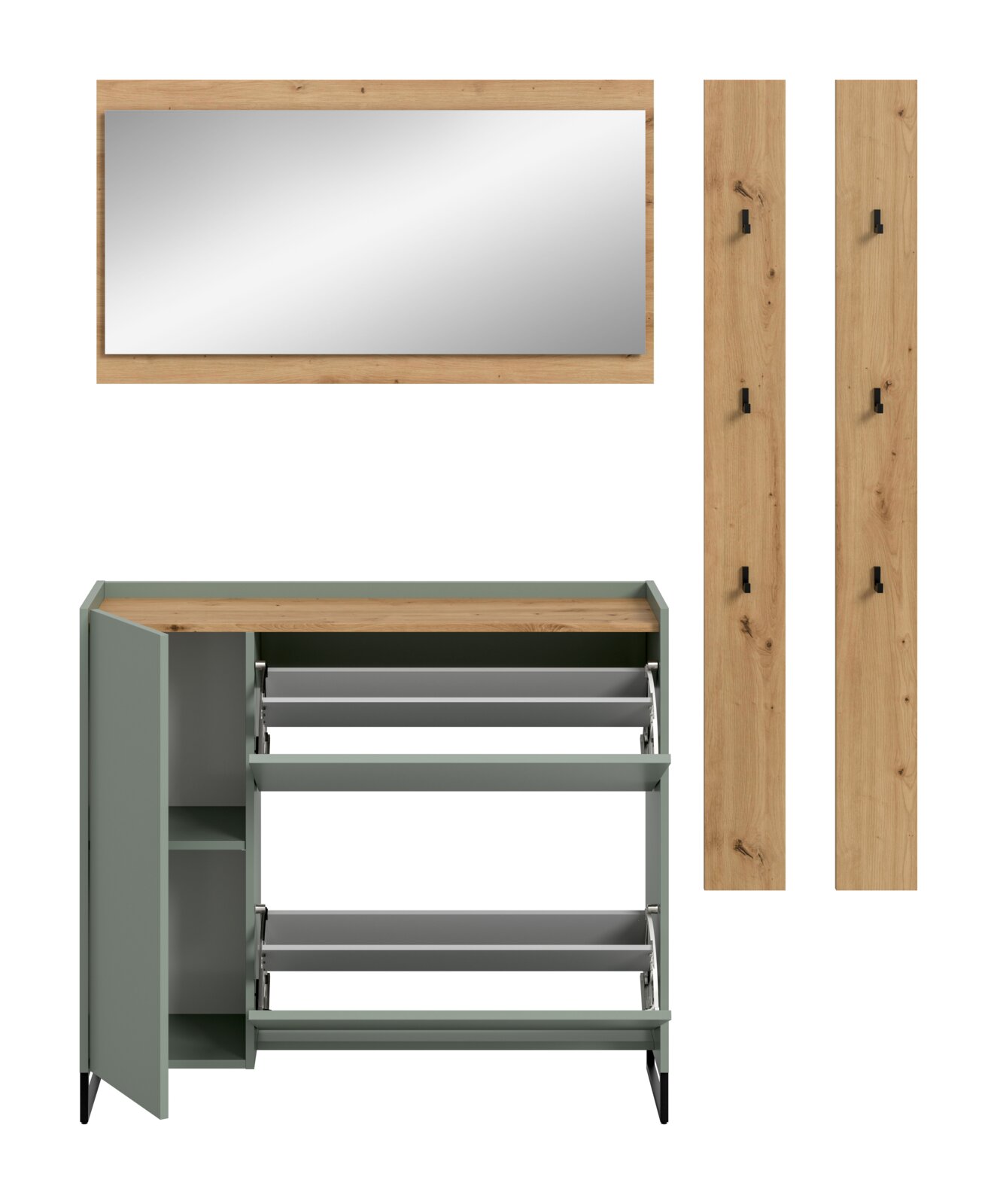 Garderoben-Set mit großem Wandspiegel im Holzrahmen, zwei Holz-Wandpaneelen mit schwarzen Haken und grünem Schuhschrank mit Holzdeckplatte und ausgeklappten Schuhkippern, frontale Ansicht