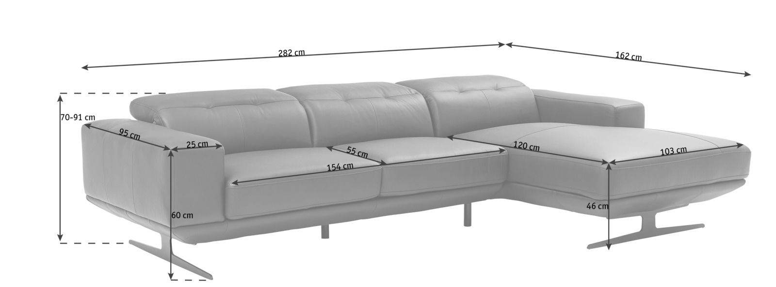 Graue Longchairkombination mit rechten Armlehne, moderne Metallfüße, Ansicht von vorne links, Maße: 95 cm hoch, 251 cm breit, 154 cm lang.