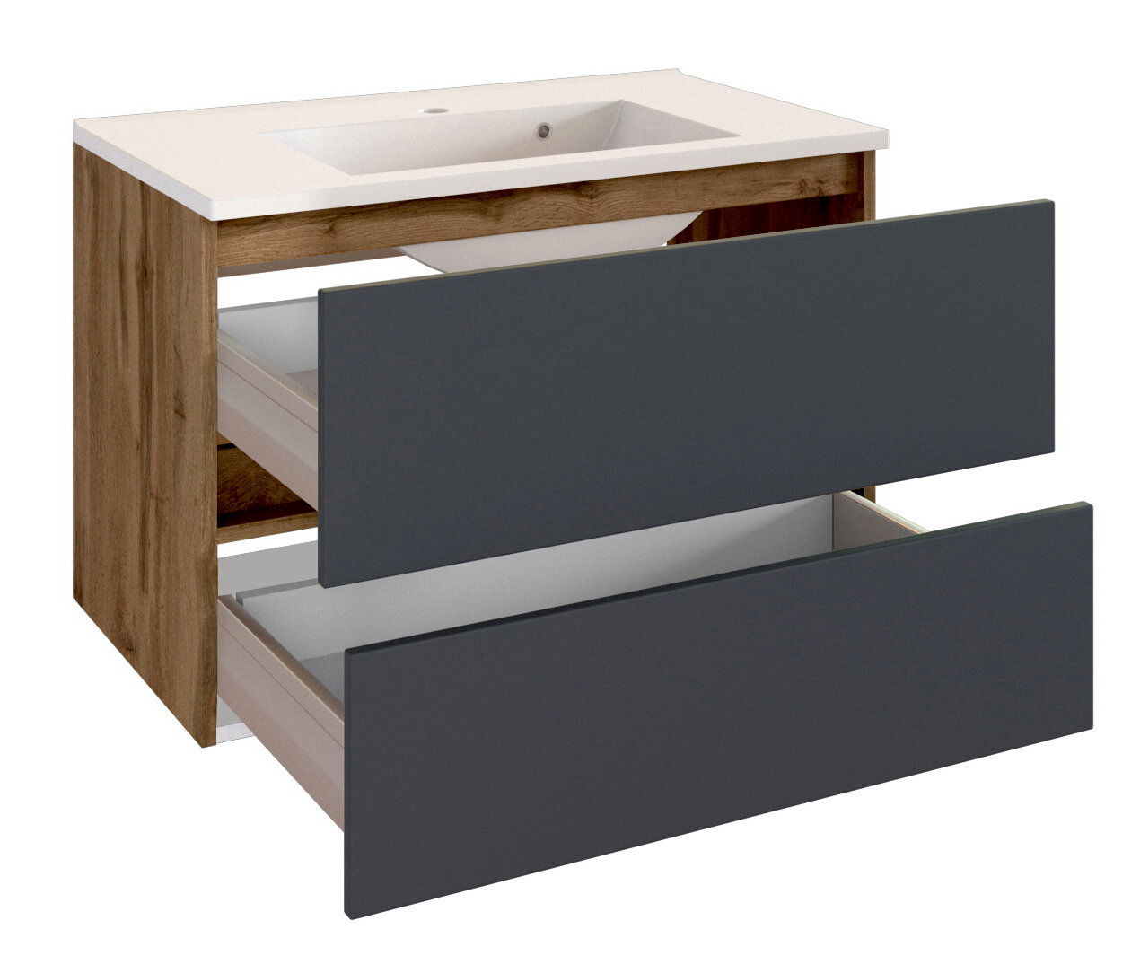 Moderner Waschplatz mit zwei offenen Schubladen, Holzoptik an den Seiten und weißer Waschbeckenoberfläche, seitliche Perspektive