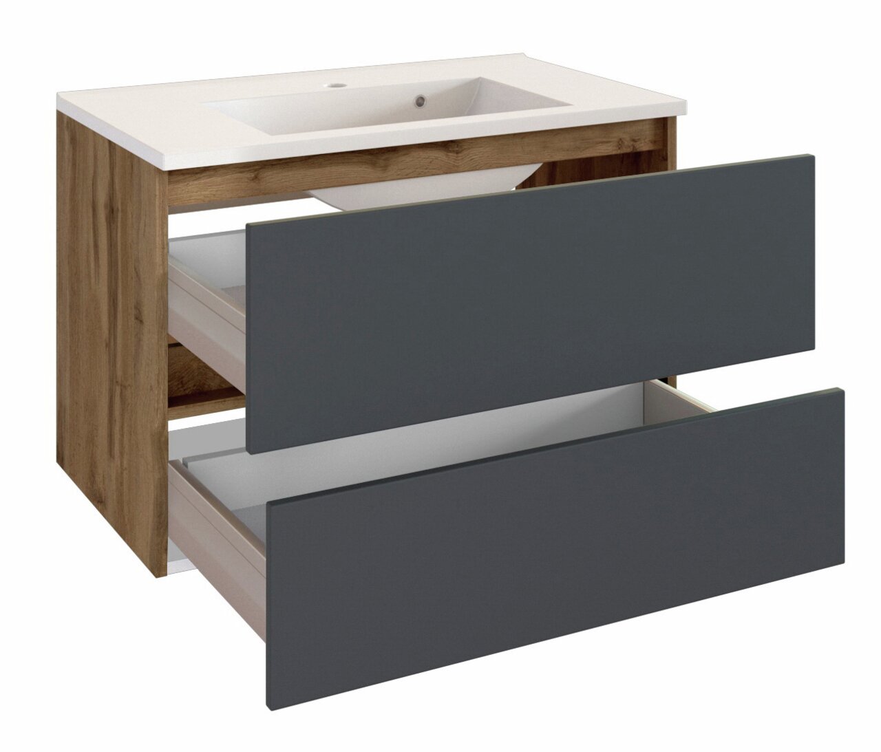 Moderner Waschplatz mit zwei offenen Schubladen, Holzoptik an den Seiten und weißer Waschbeckenoberfläche, seitliche Perspektive