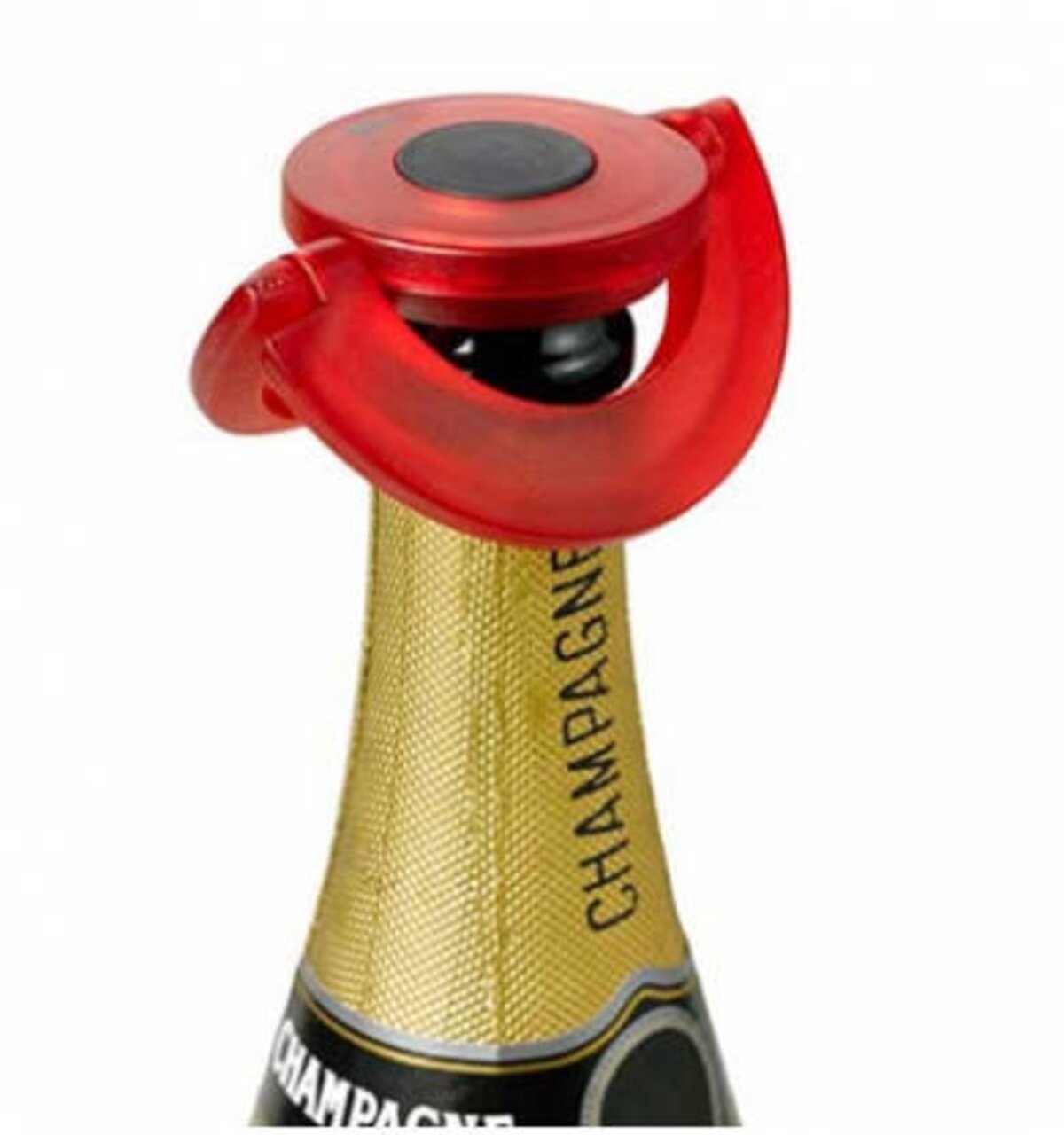 Ad Hoc Sekt- und Champagnerverschluss Roter Sekt- und Champagnerverschluss auf einer Champagnerflasche, seitliche Perspektive