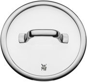 Draufsicht auf einen glänzenden Topfdeckel mit Griff, WMF-Logo sichtbar.