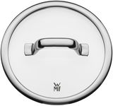 Draufsicht auf einen glänzenden Topfdeckel mit Griff, WMF-Logo sichtbar.