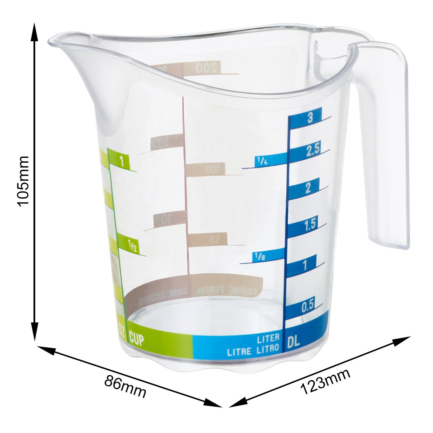 Transparenter Messbecher Domino 0,3L mit farbigen Skalen für verschiedene Maßeinheiten, seitliche Perspektive