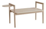Tischplatte Tiny Table aus hellem Holz mit zusätzlicher runder Ablage, seitliche Perspektive