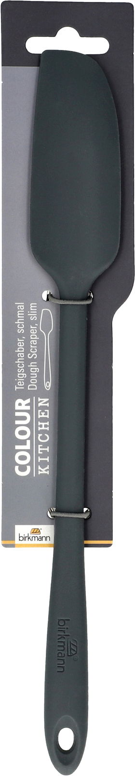 Birkmann Teigschaber COLOUR KITCHEN Grauer, schmaler Teigschaber von Birkmann, frontal auf Verpackung präsentiert.