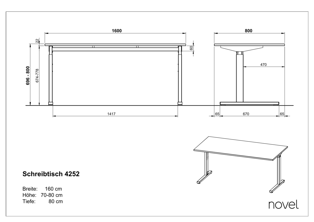 Technische Zeichnung eines Schreibtisches mit den Maßen: Breite 160 cm, Höhe 70-80 cm, Tiefe 80 cm. Ansicht von vorne, der Seite und in isometrischer Perspektive.