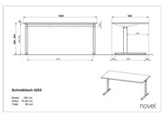 Technische Zeichnung eines Schreibtisches mit den Maßen: Breite 160 cm, Höhe 70-80 cm, Tiefe 80 cm. Ansicht von vorne, der Seite und in isometrischer Perspektive.