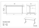 Technische Zeichnung eines Schreibtisches mit den Maßen: Breite 160 cm, Höhe 70-80 cm, Tiefe 80 cm. Ansicht von vorne, der Seite und in isometrischer Perspektive.