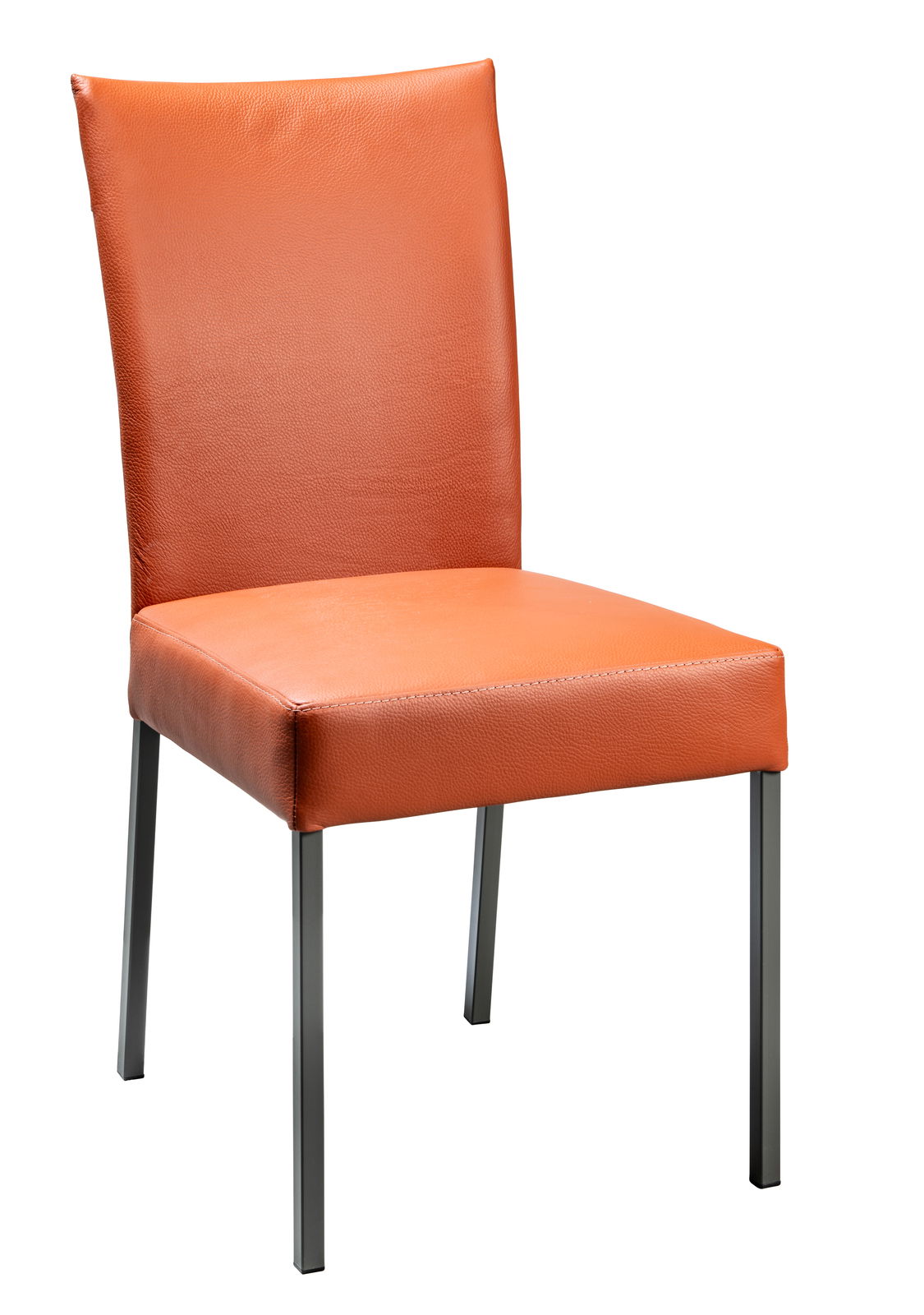 Musterring Stuhl MR NOVA Moderner Stuhl mit orangefarbenem Lederbezug und Metallbeinen, seitliche Perspektive