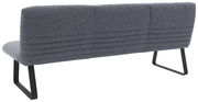 Rückansicht einer modernen, grauen Sitzbank mit Metallbeinen und gestepptem Stoffbezug.
