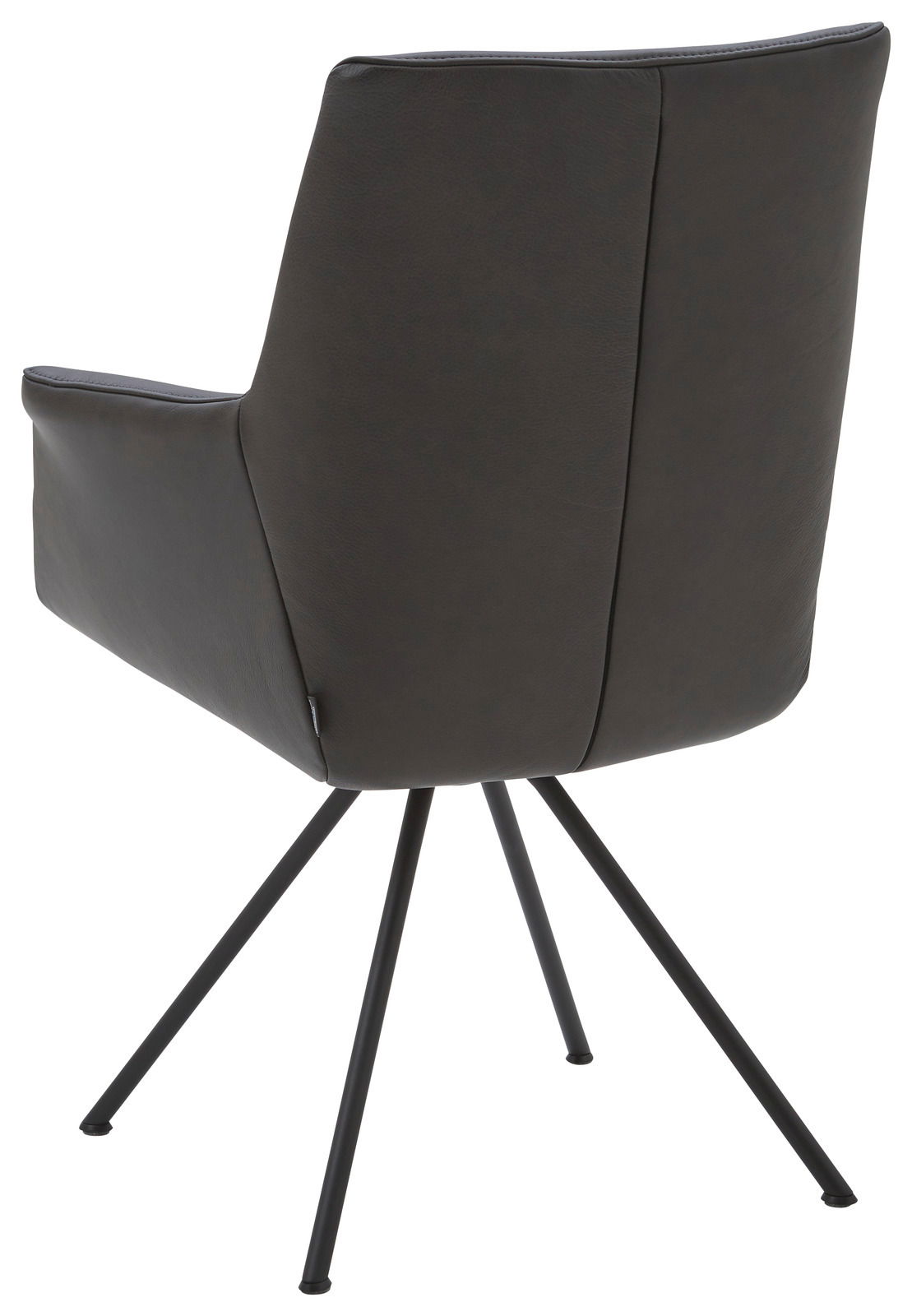 Rückansicht eines modernen Sessels mit schwarzem Lederbezug und schlanken Metallbeinen.