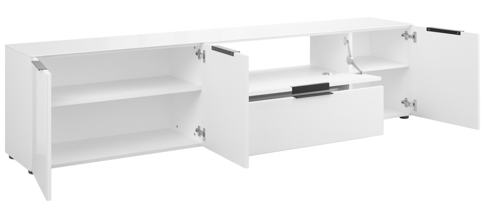 Weißes XL-TV-Lowboard mit offenen Türen und Schubladen, seitliche Perspektive