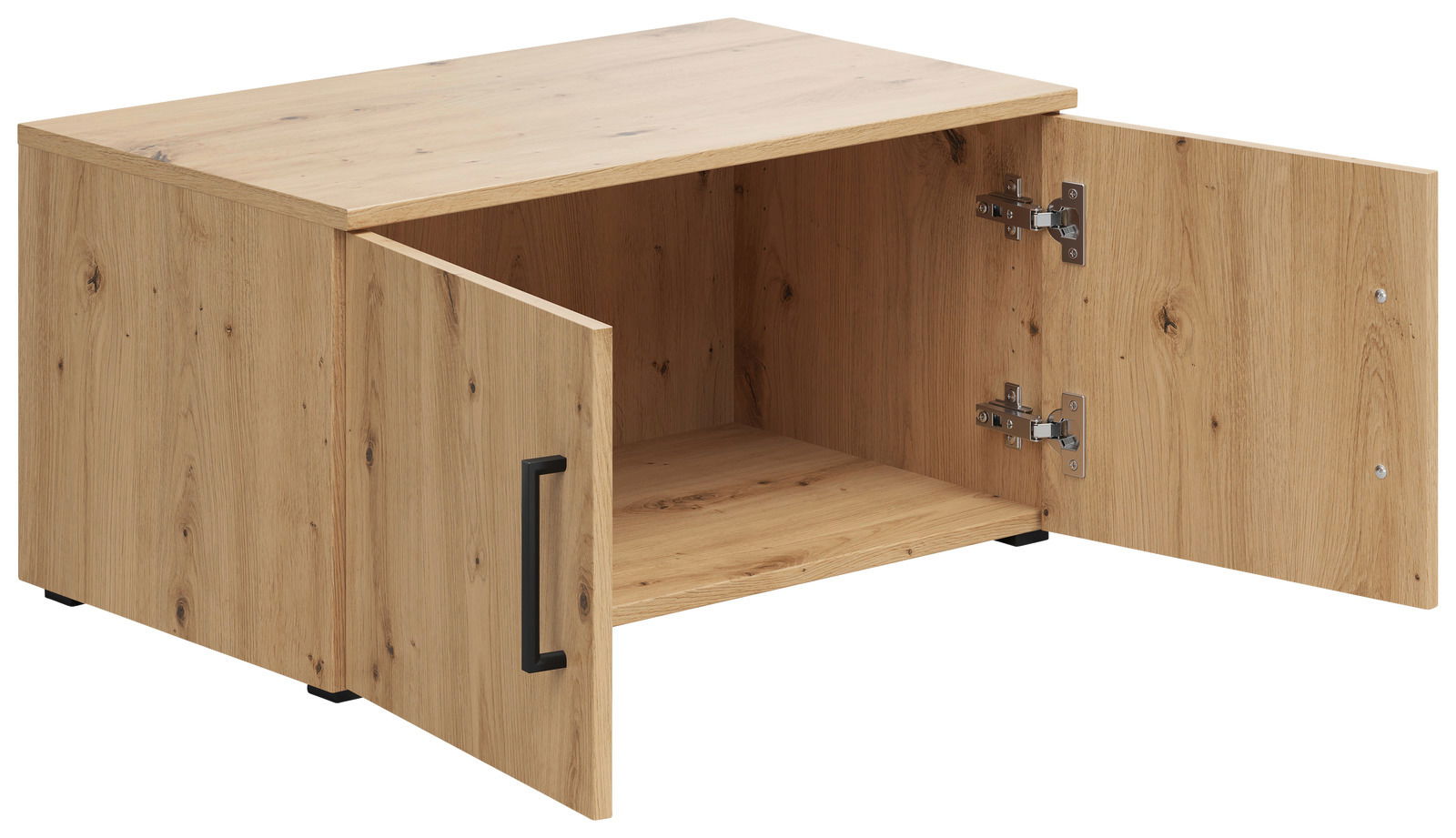 Holz-Aufsatzschrank mit zwei geöffneten Türen, Frontansicht