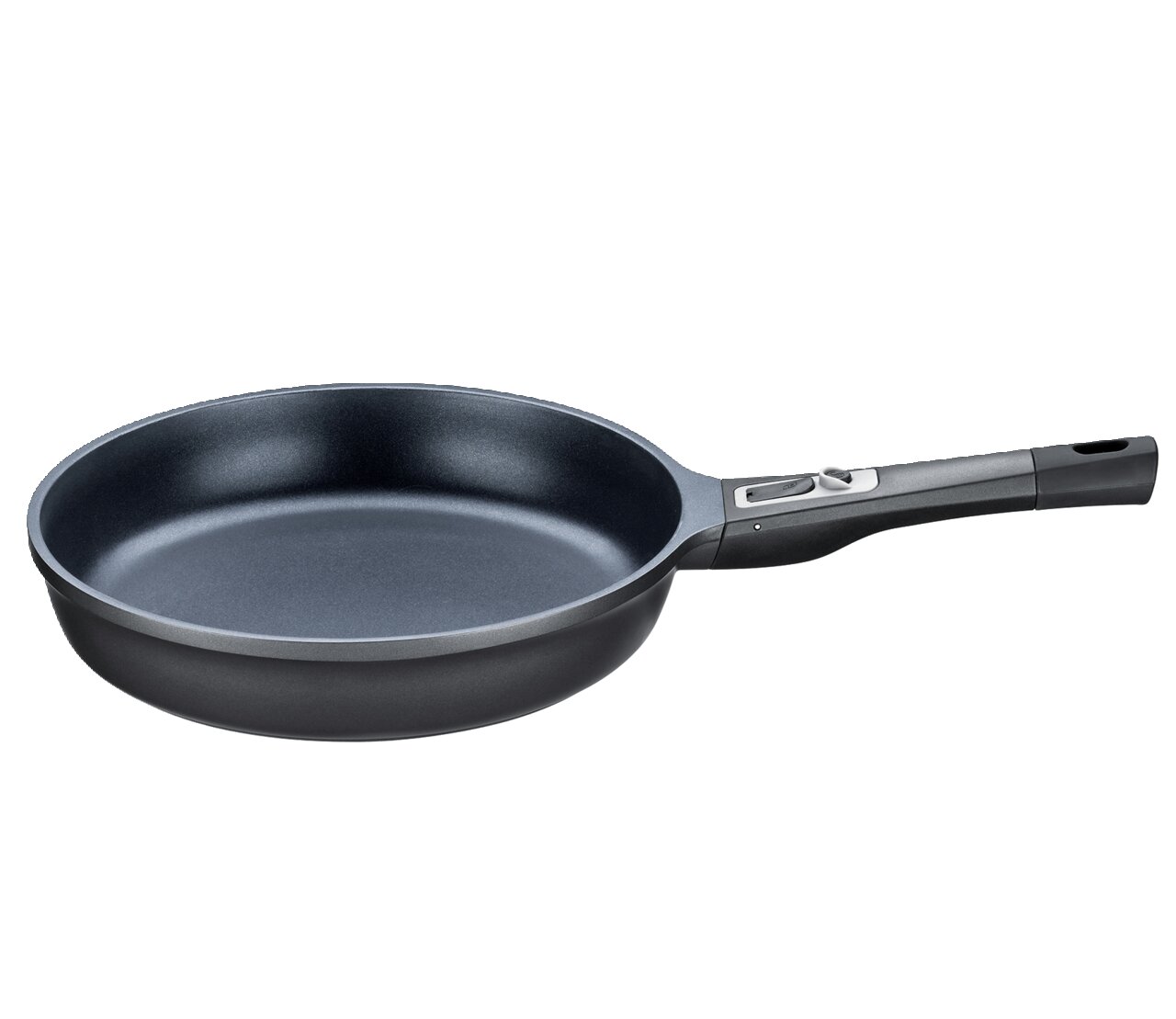 Milano-koekenpan van 28 cm in zijaanzicht, met zwarte antiaanbaklaag en ergonomisch handvat