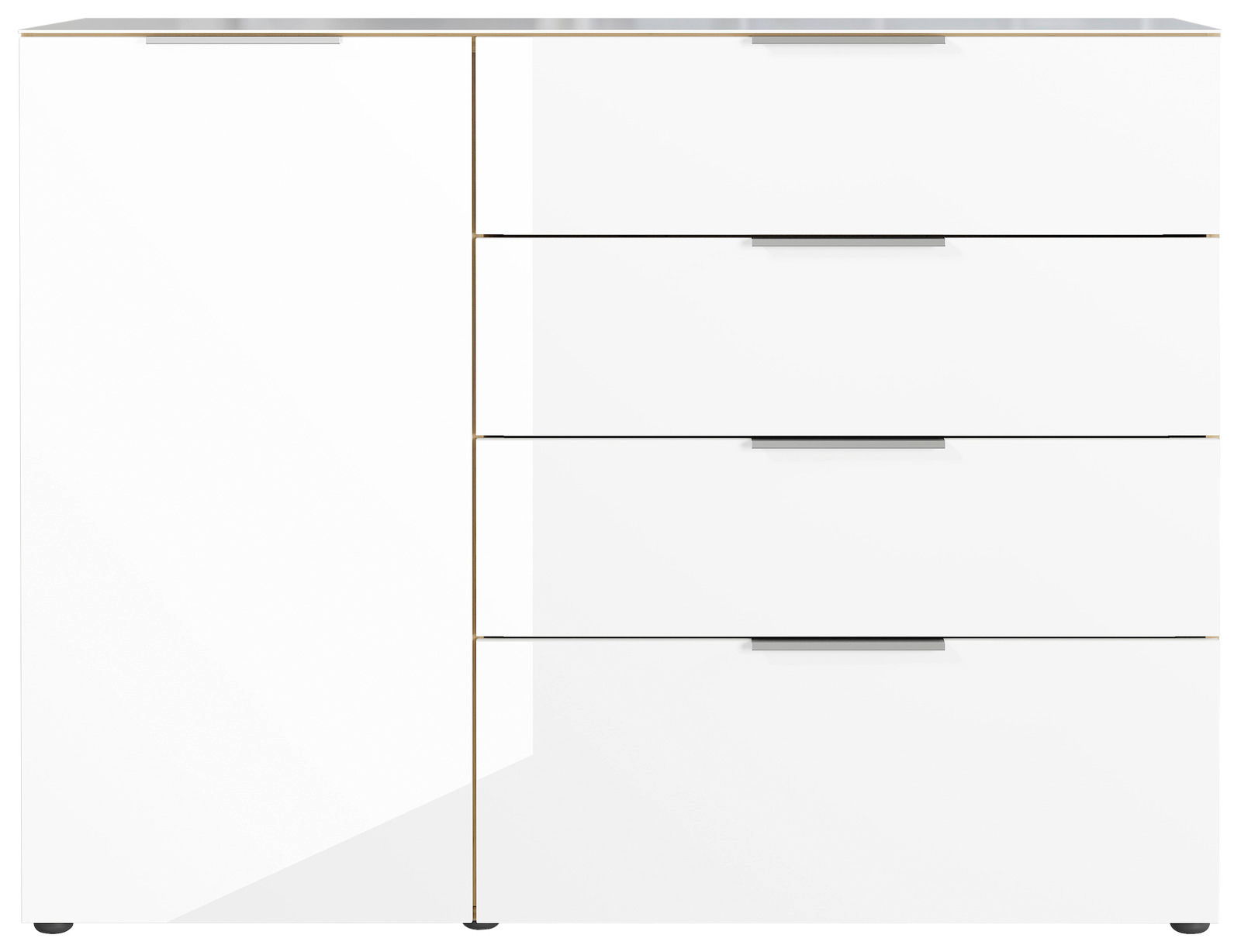 Weißes Sideboard mit einer Tür und vier Schubladen, frontale Ansicht